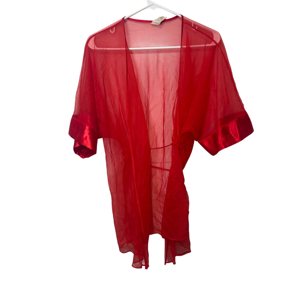 Vintage Sears Sheer Mesh Robe Womens M Red Kimono Sleeve Satin Trim Sexy Nightie